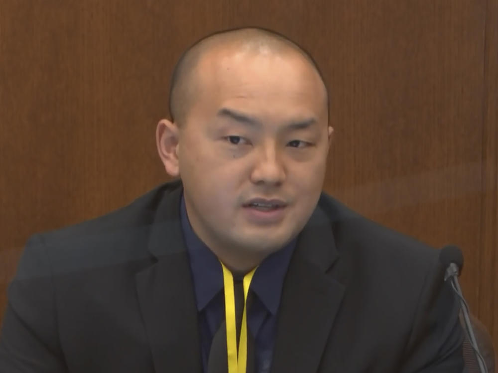 Minneapolis Park Police Officer Peter Chang testifies Tuesday in the trial of former Minneapolis police Officer Derek Chauvin. Chauvin is charged in the death of George Floyd.