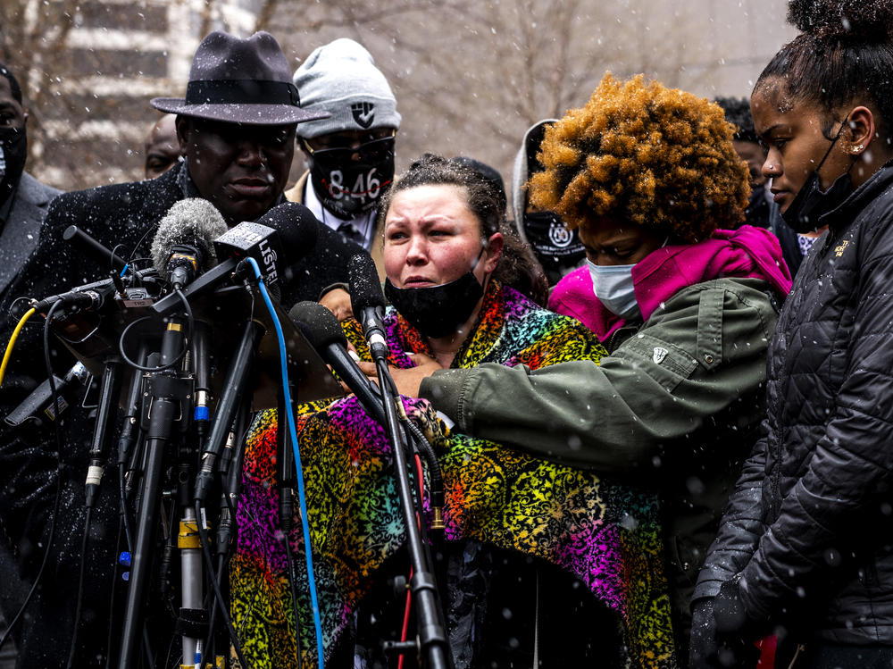 Katie Wright breaks into tears Tuesday in Minneapolis recounting her last conversation with her son, Daunte Wright. She said he called her for advice after police pulled him over. An officer shot him shortly afterward.