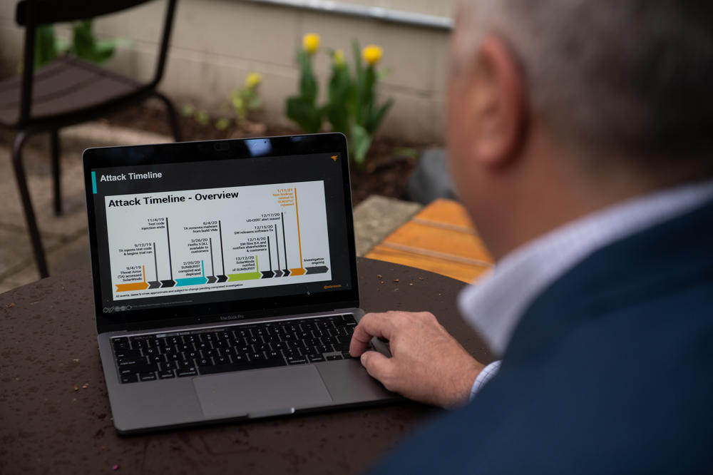 Plesco shows a timeline of the SolarWinds hack on his computer.