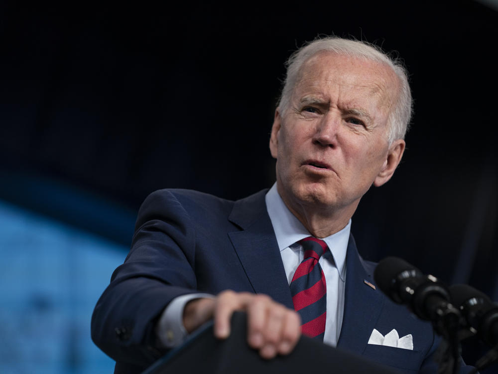 President Biden promotes his American Jobs Plan during an appearance in the South Court Auditorium on the White House campus on April 7. The sheer scale of his early agenda has drawn comparisons to the achievements of FDR and LBJ.