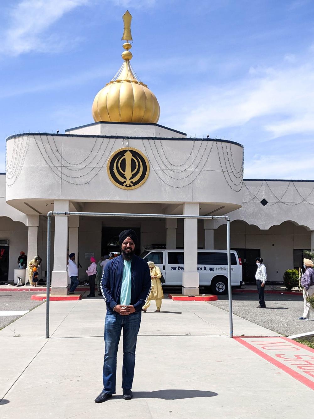 Gurjant Gill, a trucking company owner and farmer, visits his local gurdwara in Fresno to pay his respects the weekend before Vaisakhi.