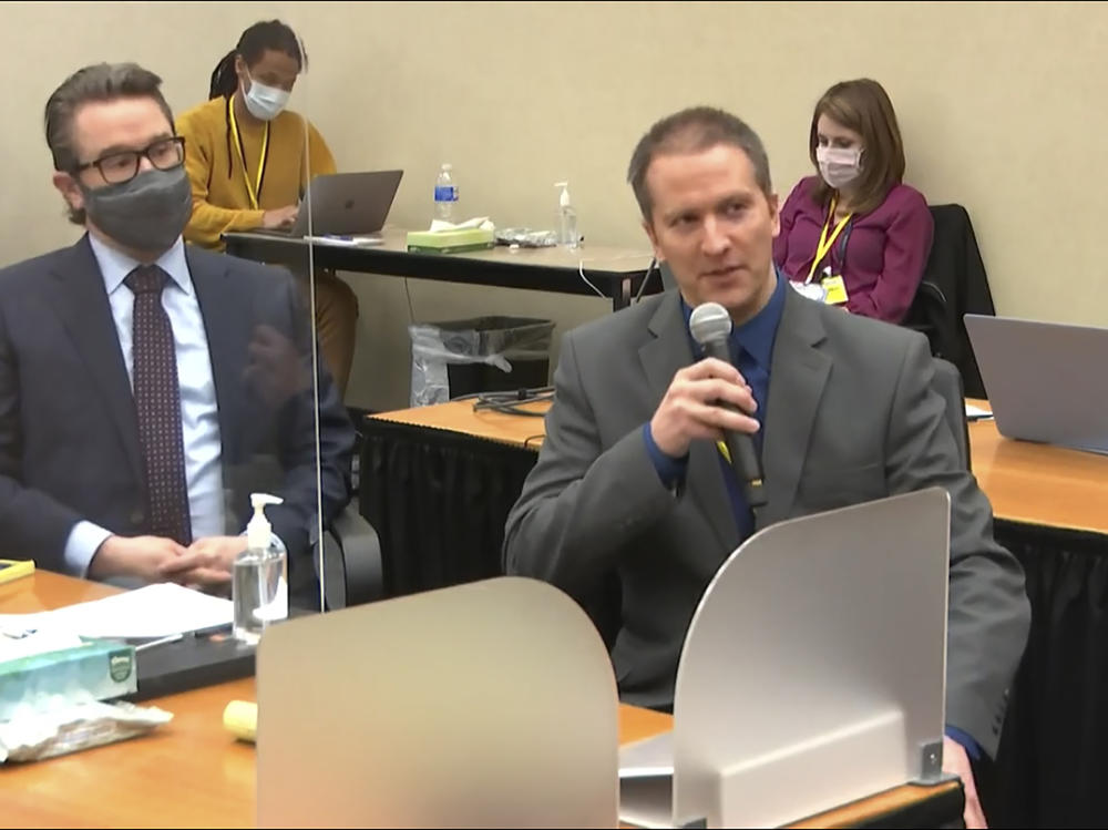 Former Minneapolis police officer Derek Chauvin tells the judge on Thursday he will not testify on his own behalf in his trial over the death of George Floyd. His attorney, Eric Nelson, is seen at left.