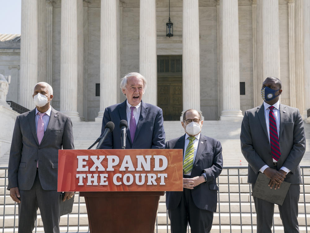 Democratic Rep. Hank Johnson (from left), Sen. Ed Markey, House Judiciary Committee Chairman Jerrold Nadler and Rep. Mondaire Jones announce legislation Thursday to expand the number of seats on the U.S. Supreme Court outside the high court.