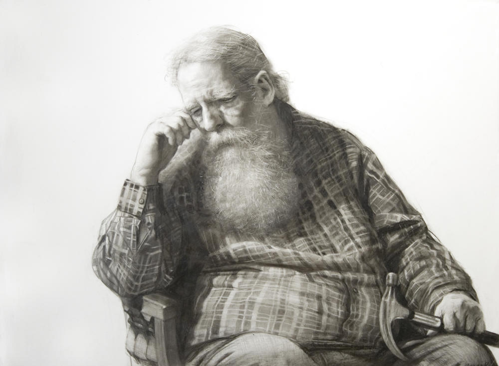 Steven Assael, <em>Henry and Hammer,</em> 2020, graphite and crayon on paper