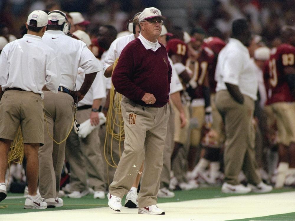 FSU head coach Bobby Bowden stalks the sidelines during the 1997 Sugar Bowl. It was a rare bowl loss for Bowden as in-state rival Florida Gators defeated the top-ranked Seminoles 52-20 to win the national title.