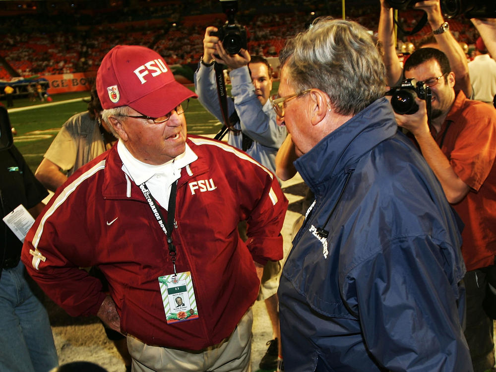 Head Coach Joe Paterno (R) of the Penn State Nittany Lions and Head Coach Bobby Bowden of the Florida State Seminoles talk before the Orange Bowl on January 3, 2006 in Miami, Fla.