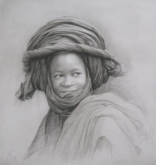 Guillermo Muñoz Vera, <em>Young Man from Mali,</em> 2019, conte pencil and charcoal on paper