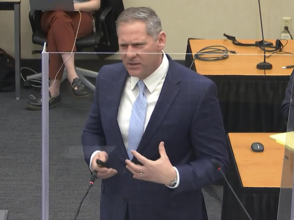 Prosecutor Steve Schleicher gives closing arguments Monday in the trial of former Minneapolis police officer Derek Chauvin.