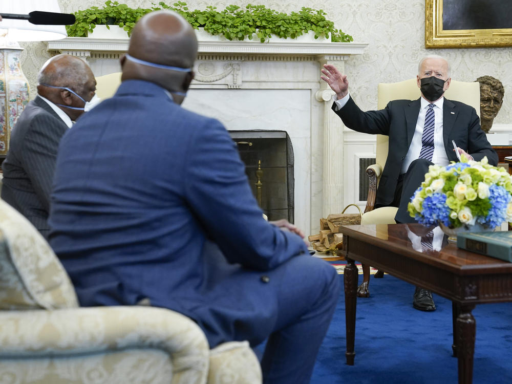 President Biden meets with members of the Congressional Black Caucus in the Oval Office of the White House on April 13.