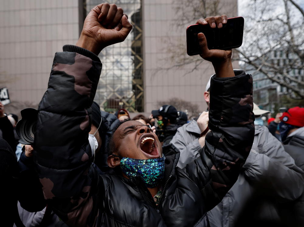 Crowds erupted in celebration in front of the Hennepin County Government Center in Minneapolis after Derek Chauvin was found guilty on all counts.