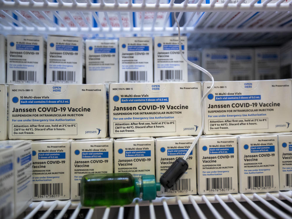 Boxes containing the Johnson & Johnson COVID-19 vaccine, developed by the company's Janssen Pharmaceuticals unit, are shown at a vaccination center in Los Angeles last week.