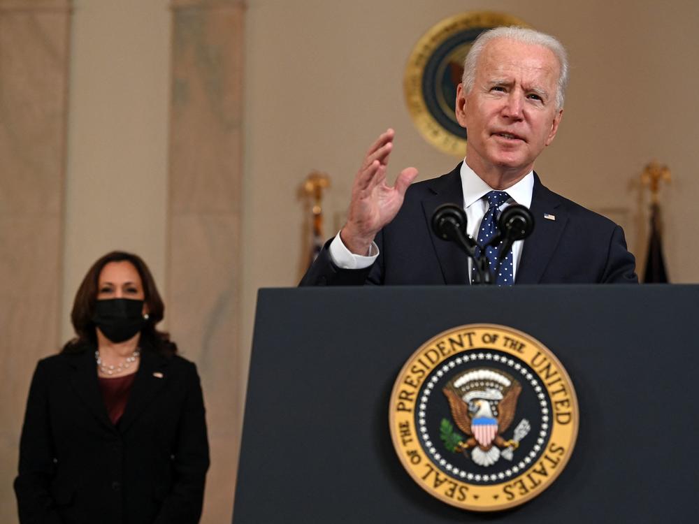 President Biden delivers remarks Tuesday on the guilty verdict against former police officer Derek Chauvin, as Vice President Harris looks on.