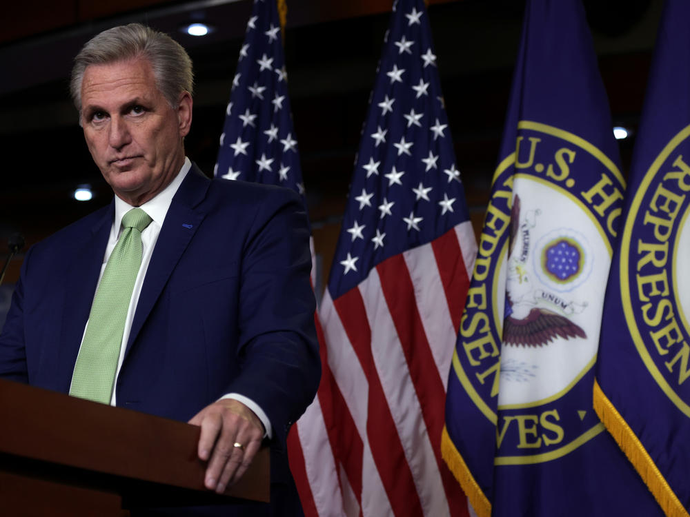 House Minority Leader Kevin McCarthy, here during a news conference Thursday, brought a motion to censure Rep. Maxine Waters, D-Calif., over comments she made at a protest last weekend.