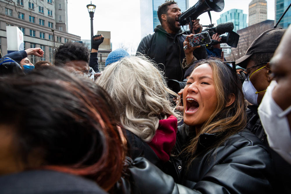 Activist Anthea Yur shouts 