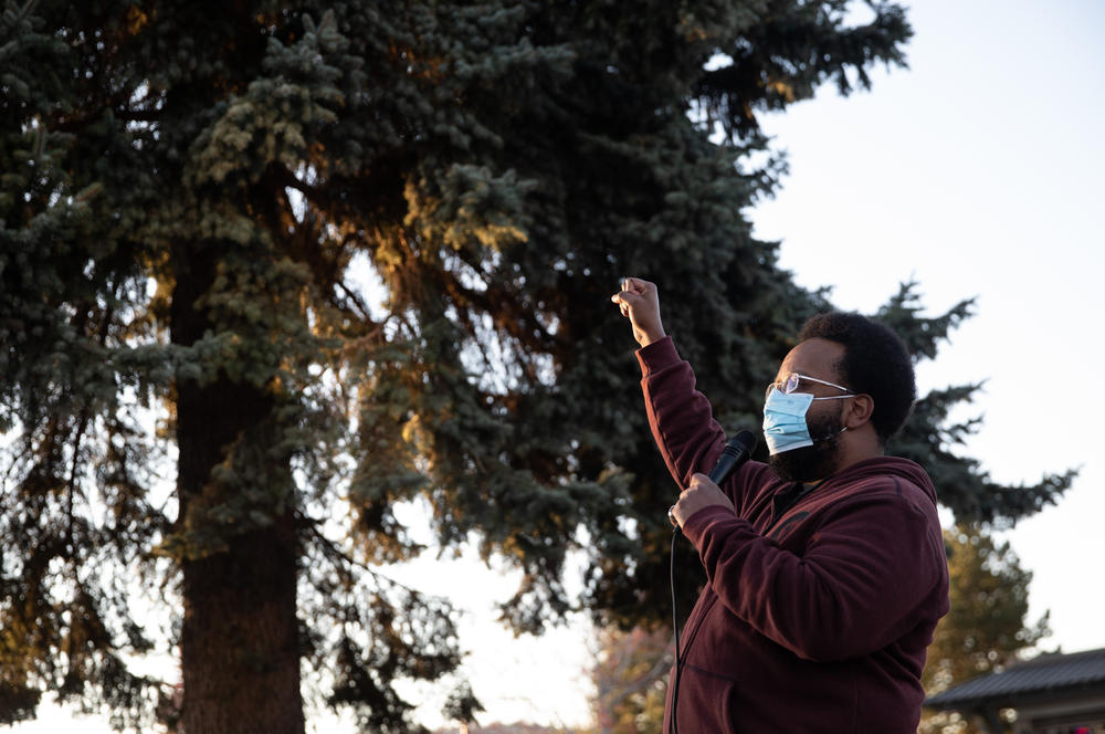 Kenny Adams implores a small a small crowd gathered for a healing circle in Bend, Ore., Tuesday, April 20, 2021, to stay engaged in social justice movements following the conviction of former police officer Derek Chauvin for murdering George Floyd. 