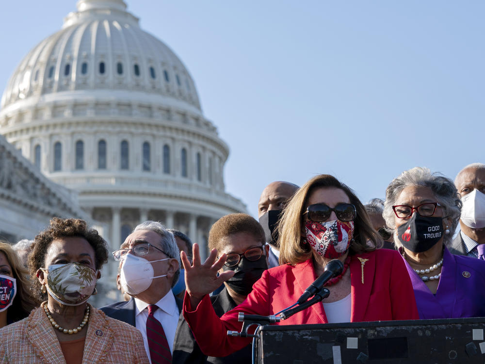 House Speaker Nancy Pelosi speaks alongside members of the Congressional Black Caucus on Tuesday following the verdict against former Minneapolis police officer Derek Chauvin for the murder of George Floyd.