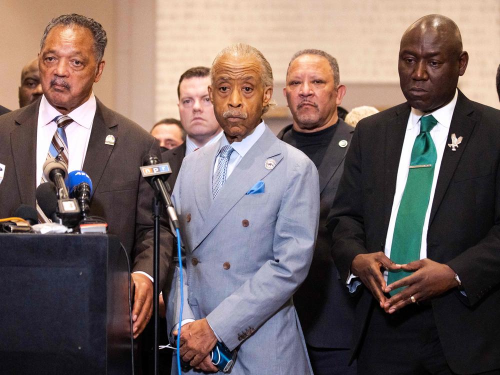 The Revs. Jesse Jackson (left) and Al Sharpton (center) and attorney Ben Crump during a press conference Tuesday following the verdict in the murder trial of former police officer Derek Chauvin in Minneapolis.