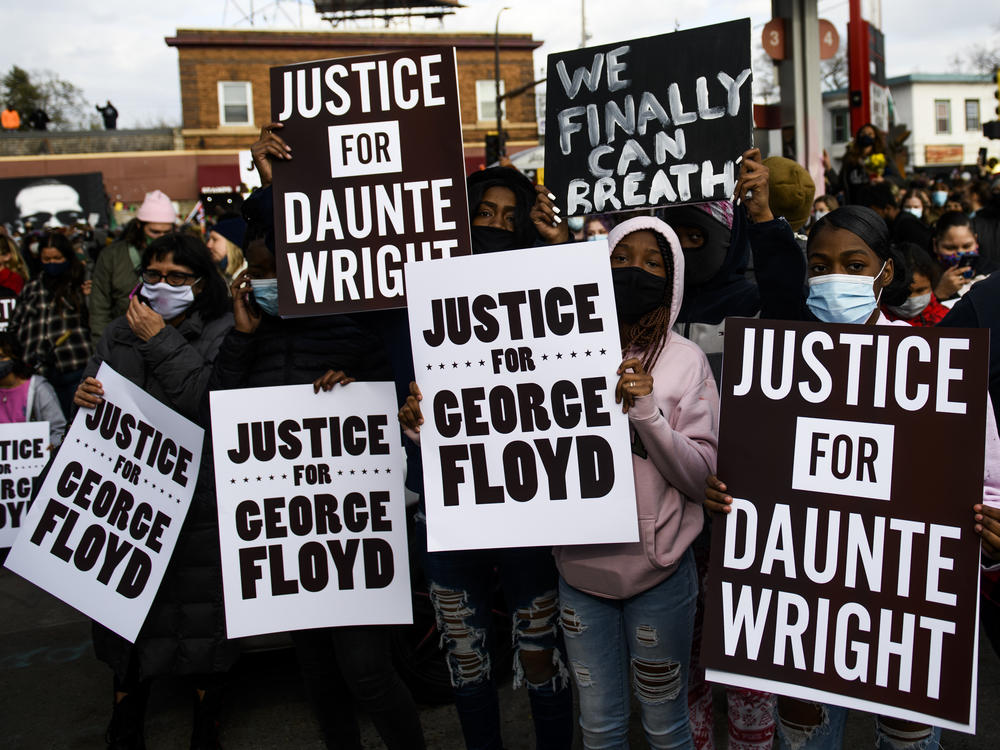 People celebrate at George Floyd Square in Minneapolis after the guilty verdict in the Derek Chauvin murder trial on Tuesday.