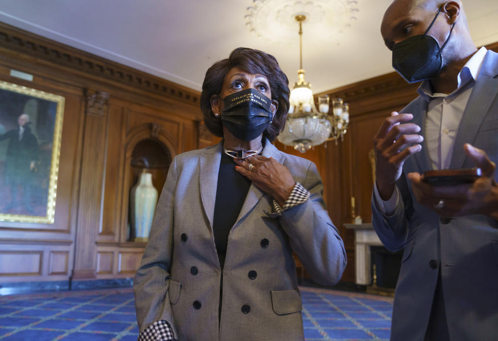 Rep. Maxine Waters, D-Calif., joins members of the Congressional Black Caucus on Capitol Hill to await the verdict in Chauvin's trial Tuesday.