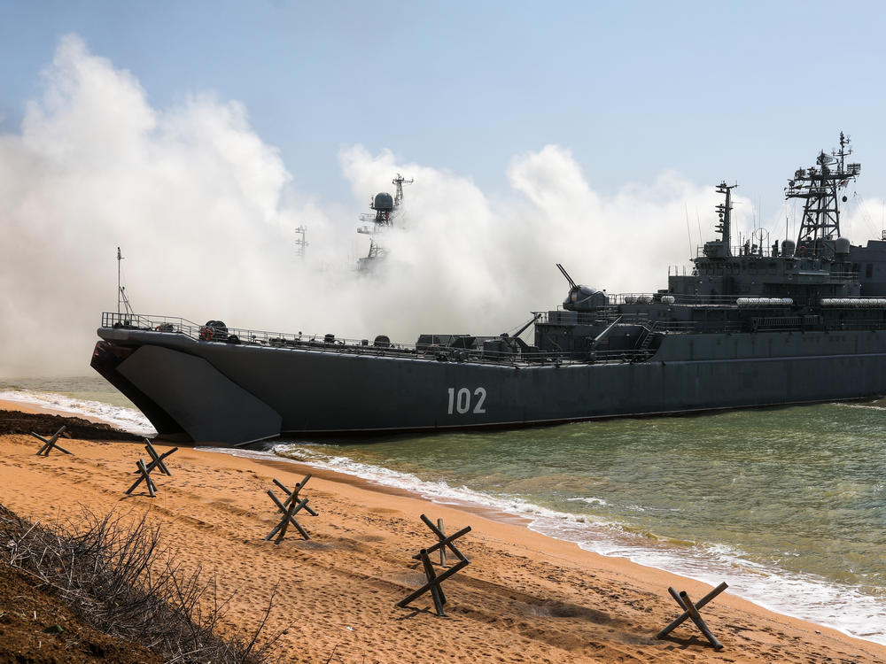 Russian navy warships during an exercise of the Russian Armed Forces at the Opuk training ground on the Black Sea coast, on Thursday.