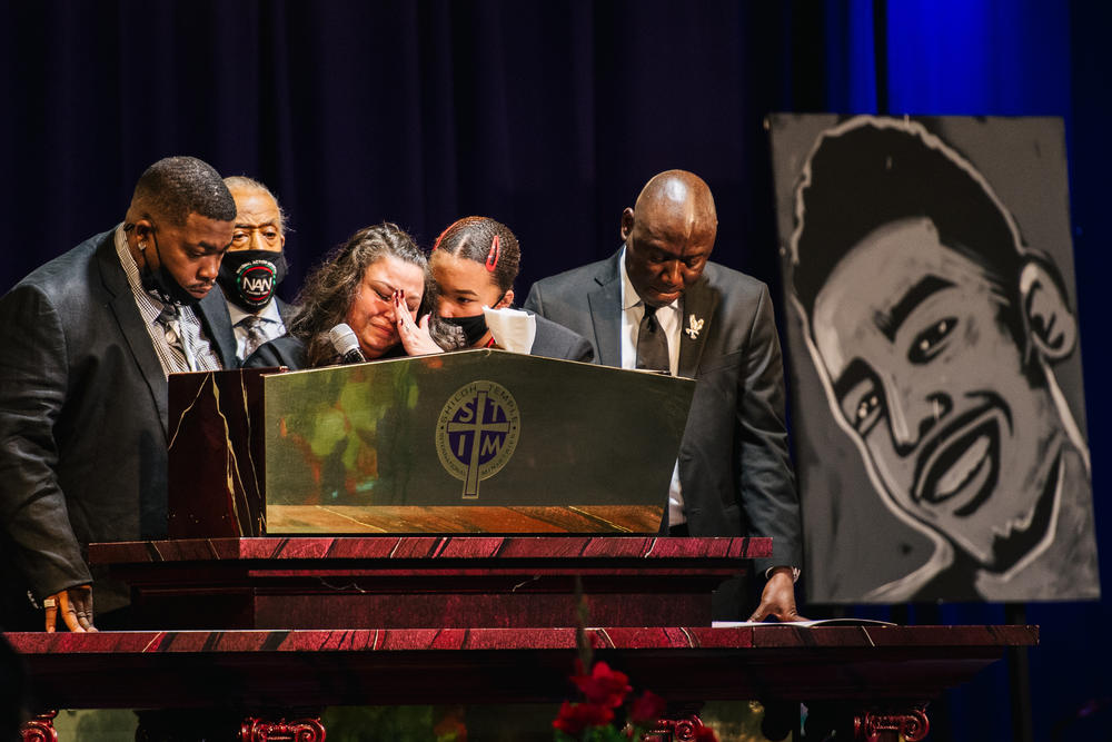 Katie Wright, the mother of Daunte Wright, wipes away tears as she speaks at her son's funeral Thursday in Minneapolis.