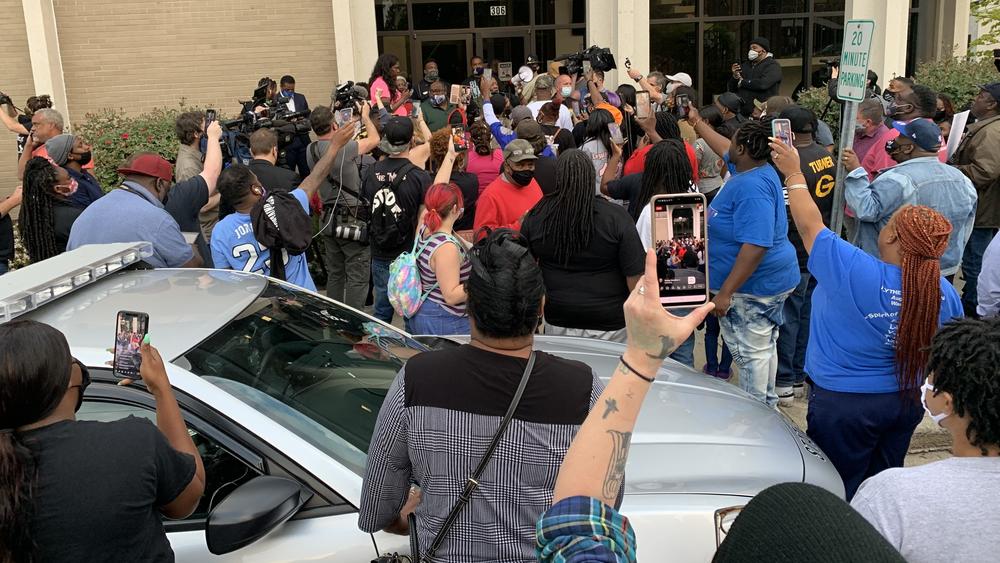 Outside an emergency City Council meeting in Elizabeth City, N.C., protesters demonstrate after the fatal shooting of Andrew Brown Jr. by county law enforcement.