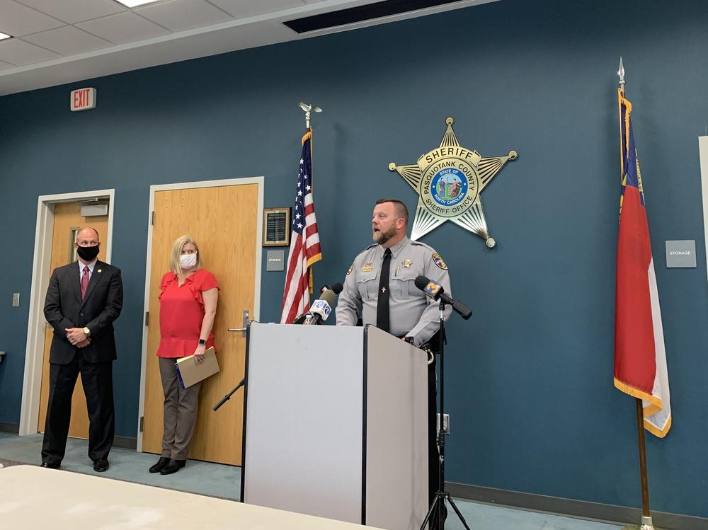 Pasquotank County Sheriff Tommy Wooten II addresses reporters in Elizabeth City, N.C., on Wednesday.
