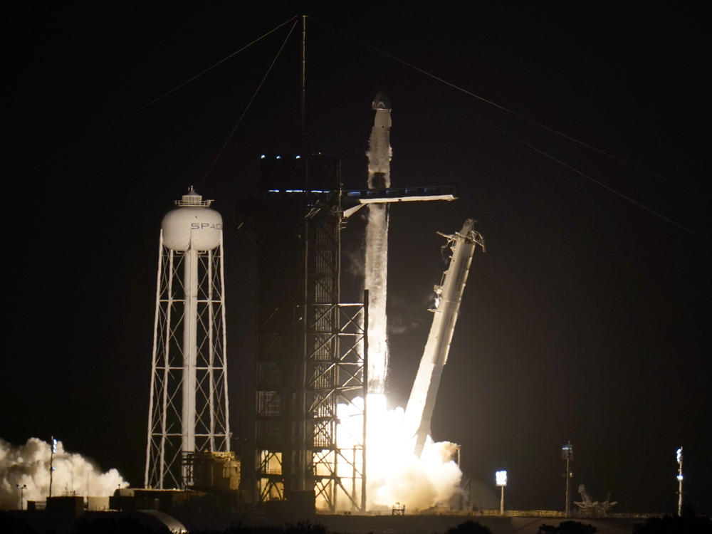 A SpaceX Falcon 9 rocket with the Crew Dragon space capsule lifts off from Pad 39A at Kennedy Space Center in Cape Canaveral, Fla., on Friday.