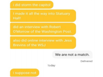In a court filing, federal prosecutors say suspect Robert Chapman told a Bumble user about his alleged involvement in the Capitol insurrection.