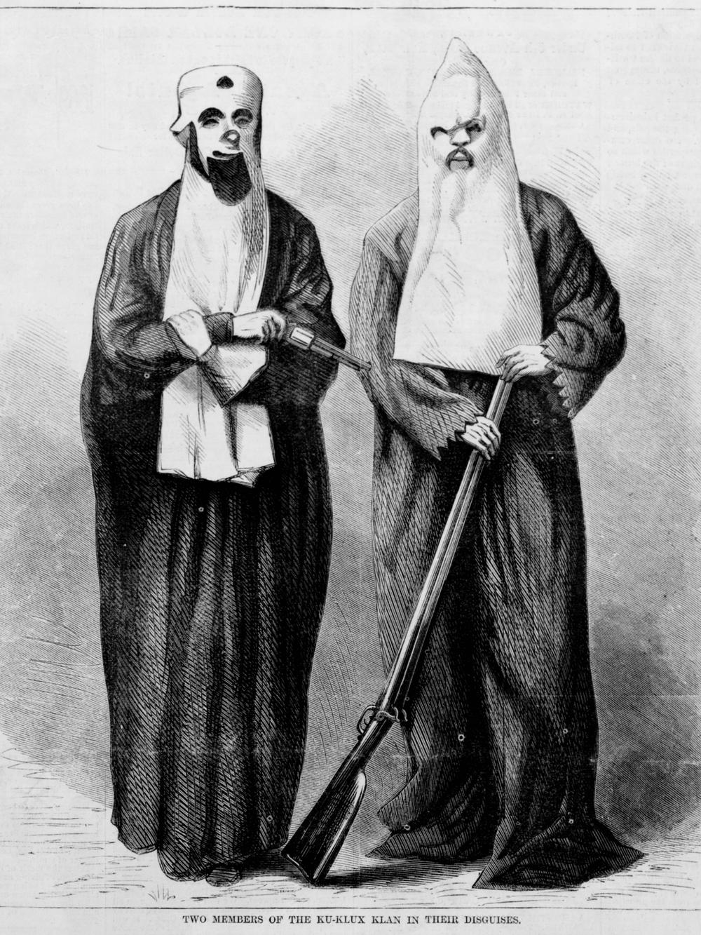 This drawing from 1868 depicts early members of the Ku Klux Klan. Historians have documented how the group used absurdity to mock its opponents and to try to mask the seriousness of the KKK's atrocities.