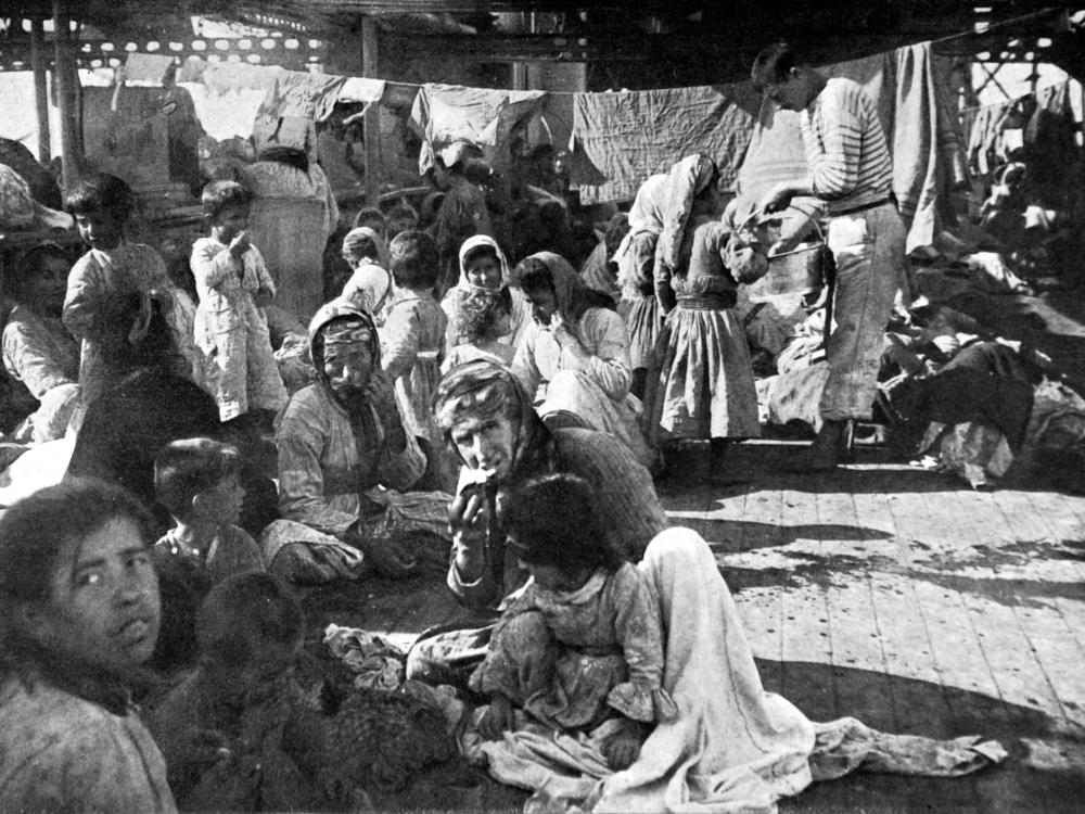 Armenian refugees on the deck of a French cruiser that rescued them in 1915 during the massacre of the Armenian populations in the Ottoman Empire.