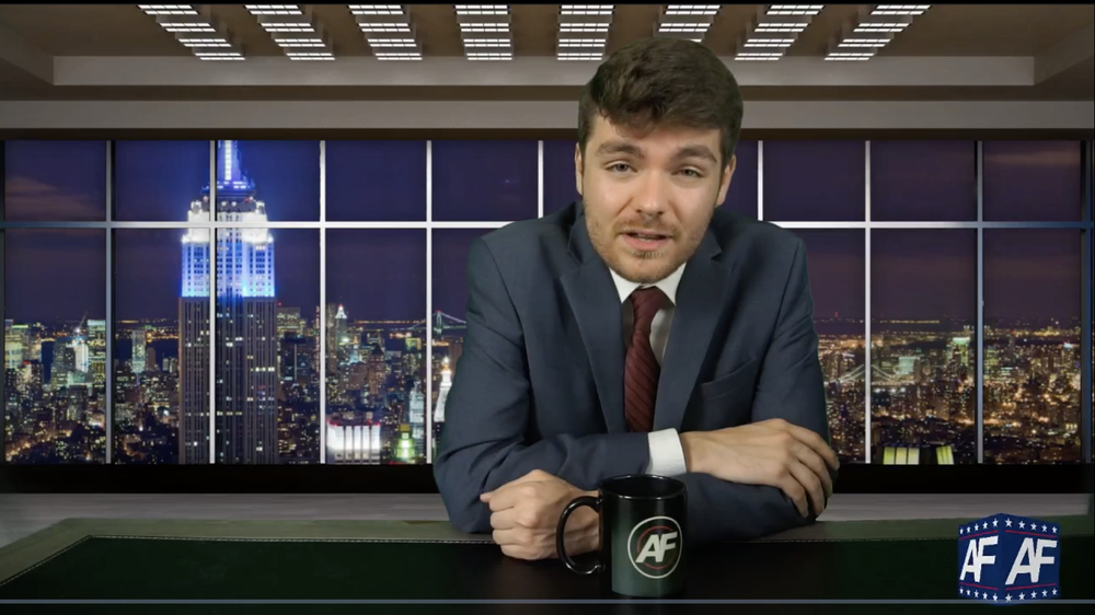 Far-right extremist Nick Fuentes, seen here in a screenshot from his livestreamed show, has said he uses irony because it provides 