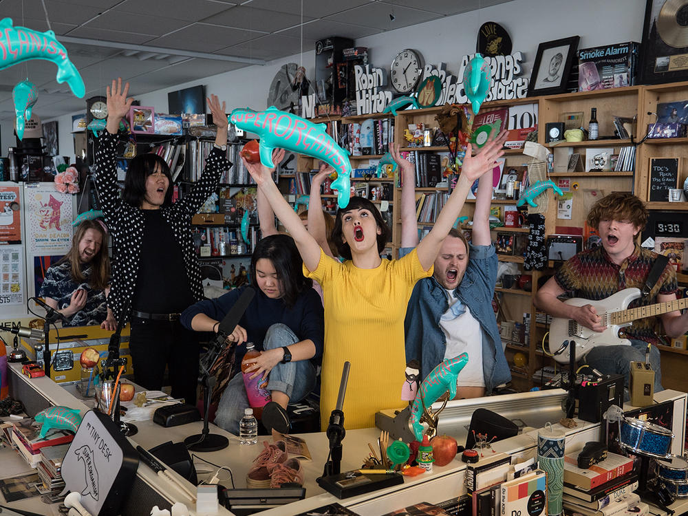 Superorganism performs a Tiny Desk concert on April 3, 2018 (Jenna Sterner/NPR).
