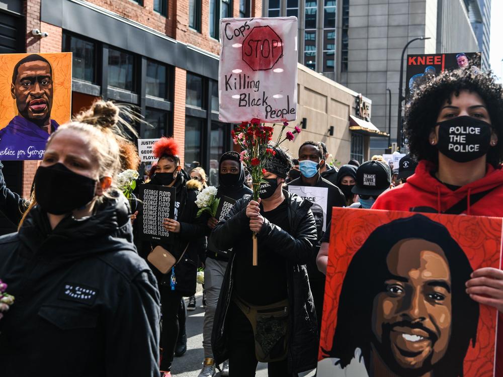 Demonstrators in Minneapolis ahead of the trial of former police officer Derek Chauvin, who has since been convicted of murdering George Floyd.