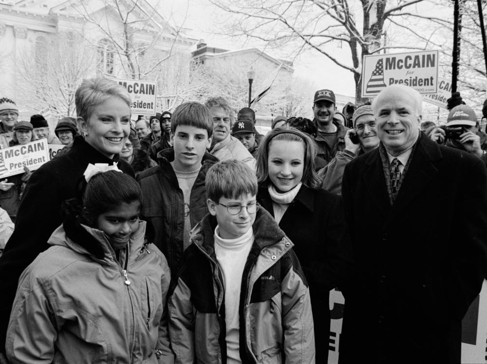 John McCain attends a rally in the park on Jan. 31, 2000 in Keene, NH, with his family (from left to right) daughter Bridget (8), wife Cindy, sons Jack (13) and Jimmy (10), and daughter Meghan (15).