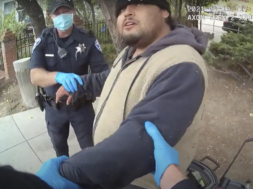 A screenshot of the Alameda Police Department body camera footage shows officers detaining Mario Gonzalez, 26, on April 19. Gonzalez died soon after.