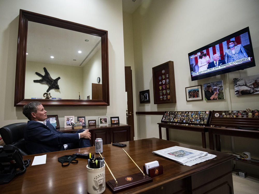 Sen. Steve Daines, a Republican from Montana, was one of many lawmakers watching Biden's address remotely.