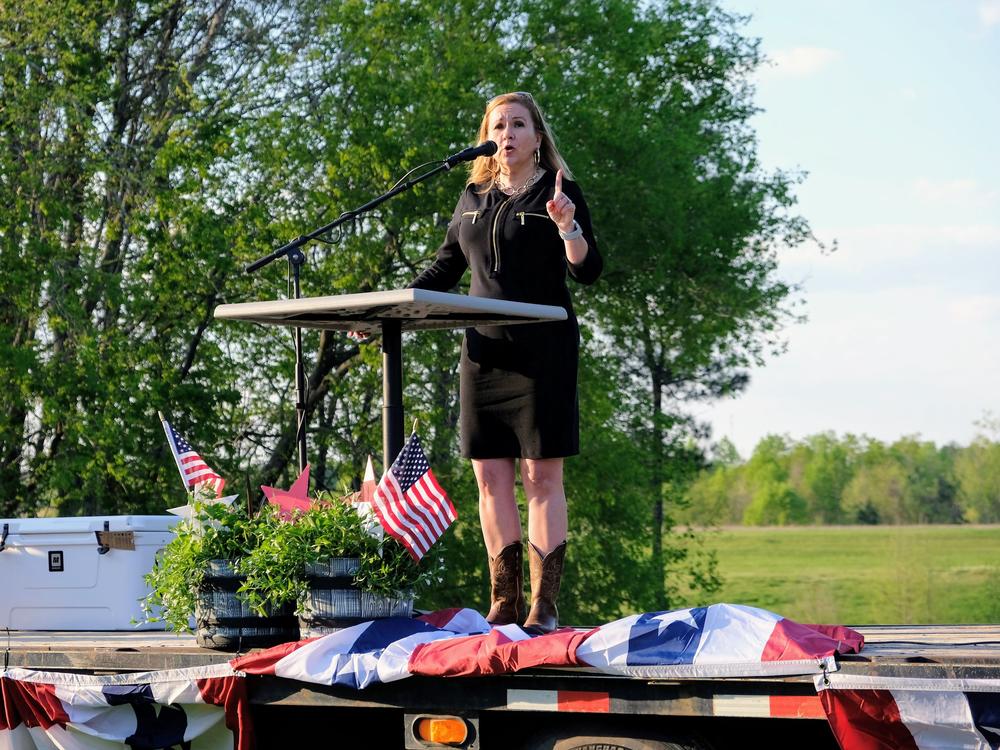 Virginia state Sen. Amanda Chase speaks at a GOP event in King William County. Chase, one of seven Republicans running for governor, has criticized the party-run nominating convention process.