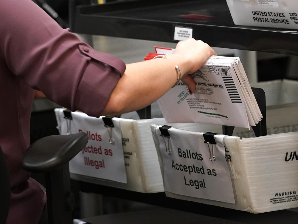 An election worker sorts vote-by-mail ballots at the Miami-Dade County Board of Elections in Doral, Fla., on Oct. 26, 2020. The Florida Legislature on Thursday approved a bill that would alter how residents can vote by mail.