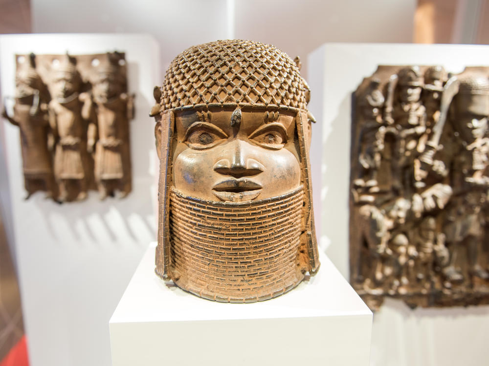 Benin Bronze artifacts on display in the Museum für Kunst und Gewerbe in Hamburg, Germany. An international consortium is working on repatriating artifacts which were looted in the late 19th century.