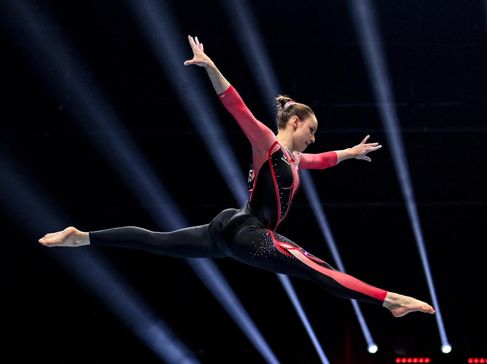 Germany's Sarah Voss competes in the women's beam qualifications during the European Artistic Gymnastics Championships in Basel, Switzerland, on April 21. She was one of three German female gymnasts at the European championships who grabbed headlines for wearing unitards rather than leotards.