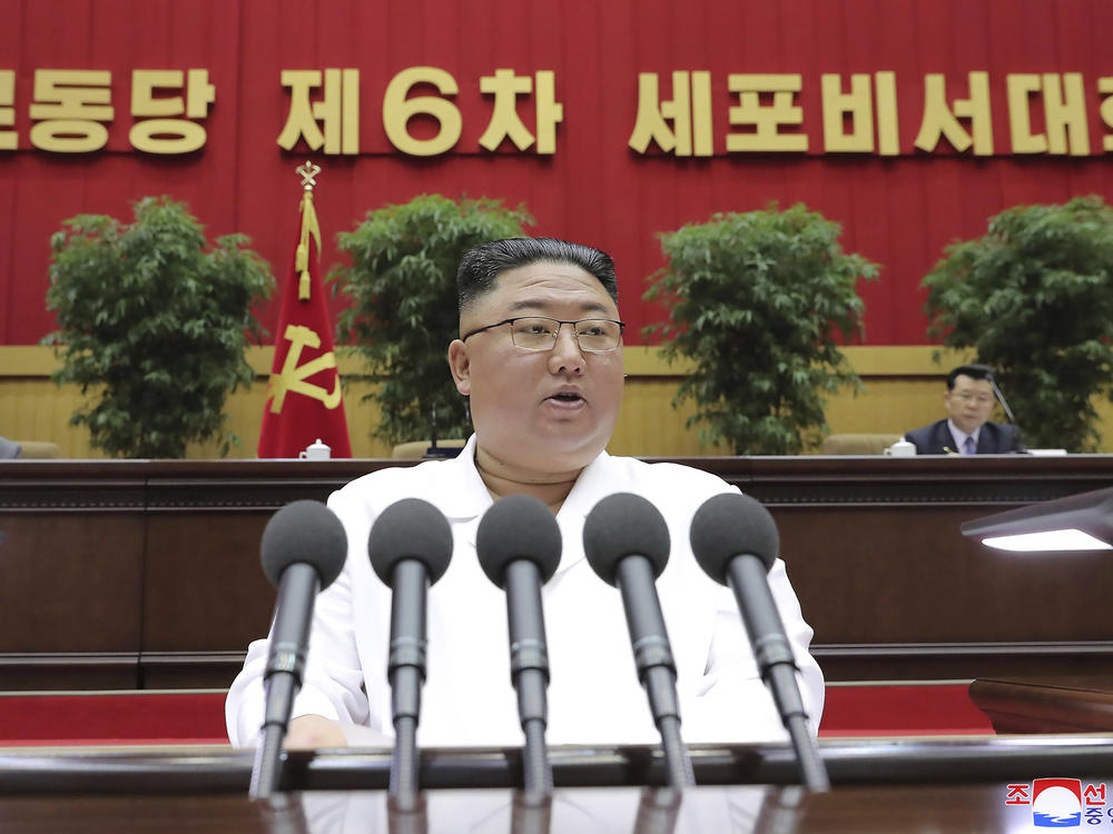 North Korean leader Kim Jong Un delivers a speech in Pyongyang on April 8. On Sunday, the North Korean government said President Biden made a 