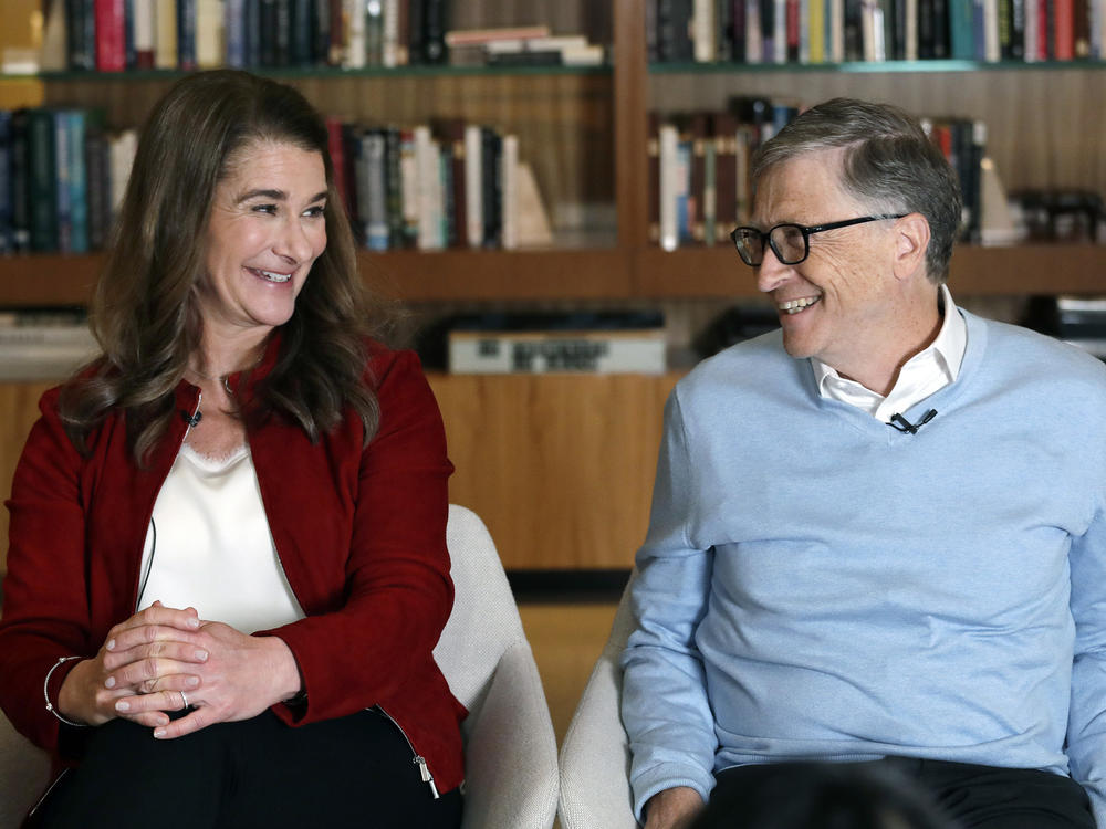 Bill and Melinda Gates smile at each other during an interview in Kirkland, Wash., in 2019. The couple announced on Monday that they are divorcing.