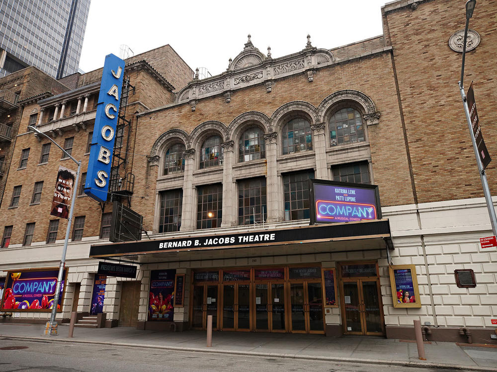 New York Gov. Andrew Cuomo announced Monday that Broadway could reopen in May. Above, the Bernard B. Jacobs Theatre near Times Square on Jan. 15.