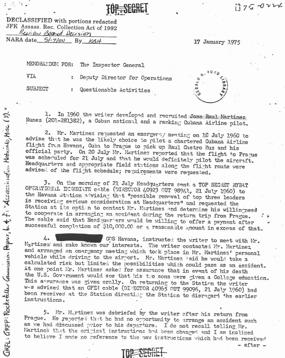 William Murray was the CIA officer in Havana in 1960 who worked with Cuban airline pilot José Raúl Martínez on a plot to kill Raúl Castro. In 1975, Murray wrote a memo to the CIA's inspector general outlining the plot and including documents from his exchanges with CIA headquarters. Many of those details have just been reported for the first time.