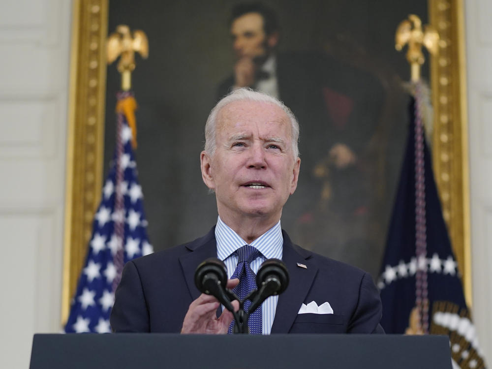 President Biden speaks about the COVID-19 vaccination program Tuesday in the White House. Biden has set a goal of seeing 160 million adults fully vaccinated by July Fourth.