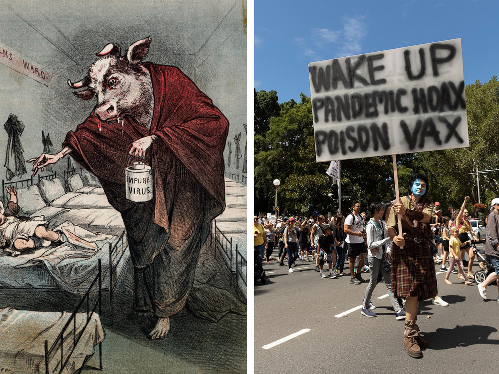 Left: A drawing of a human with a cow head holding a needle menacingly toward a child as he administers a tainted smallpox vaccination was meant to sow distrust of smallpox vaccines. Right: Protesters against COVID-19 vaccinations hold a rally in Sydney in February.