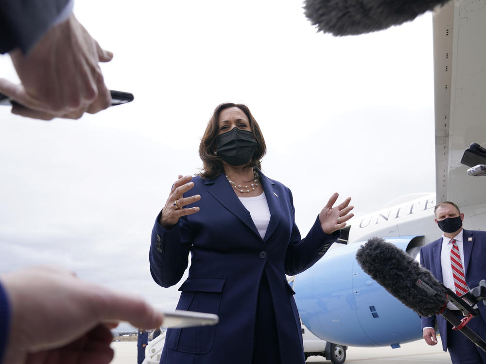 Vice President Harris talks to reporters Tuesday as she leaves Milwaukee, a stop on her tour to promote President Biden's $2 trillion infrastructure proposal, which includes expanded broadband.