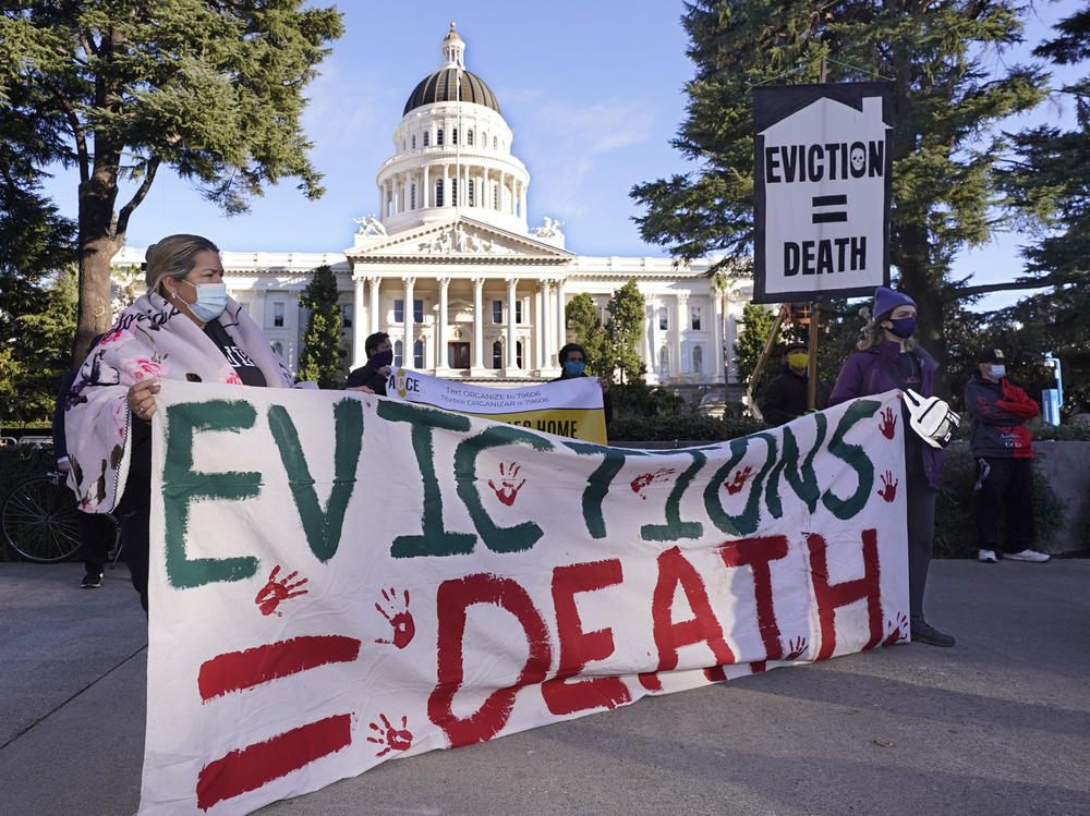 Protesters call for stronger eviction protections in January in Sacramento, Calif. A federal appeals court will now decide whether to scrap a federal eviction moratorium from the CDC. Housing groups say renters need more time to qualify for and get rental assistance money.
