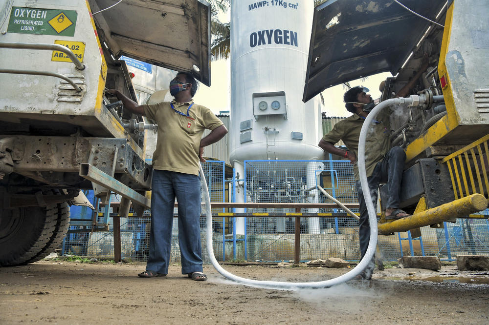 A tanker is refilled with oxygen for hospitals and medical facilities in Bengaluru on May 5.